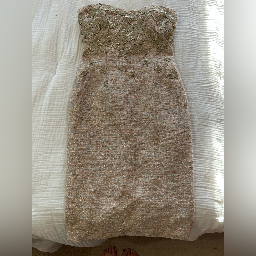 Badgley Mischka collection embroidered floral strapless gold dress